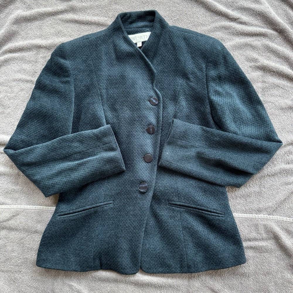 Worth Womens Wool Blend Blazer Jacket Size 1 Teal Stand Collar Career USA